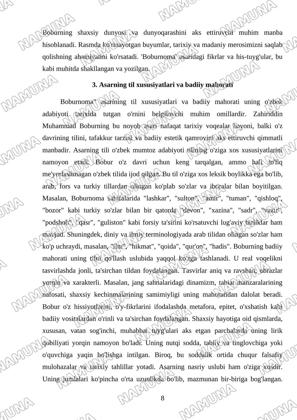 Zahiriddin Muhammad Boburning 'Boburnoma' asari haqida kichik ilmiy tadqiqot — mustaqil ish, 8-varaq