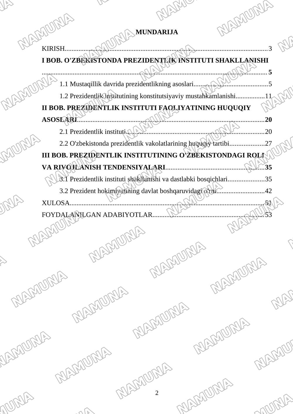 Prezident institutining O'zbekistonda rivojlanish bosqichlari — kurs ishi, 2-varaq
