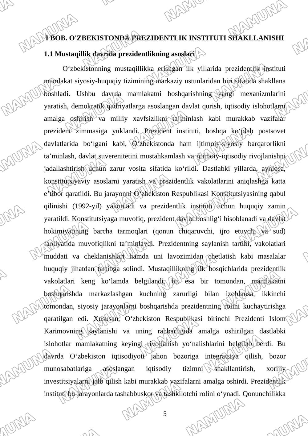 Prezident institutining O'zbekistonda rivojlanish bosqichlari — kurs ishi, 5-varaq