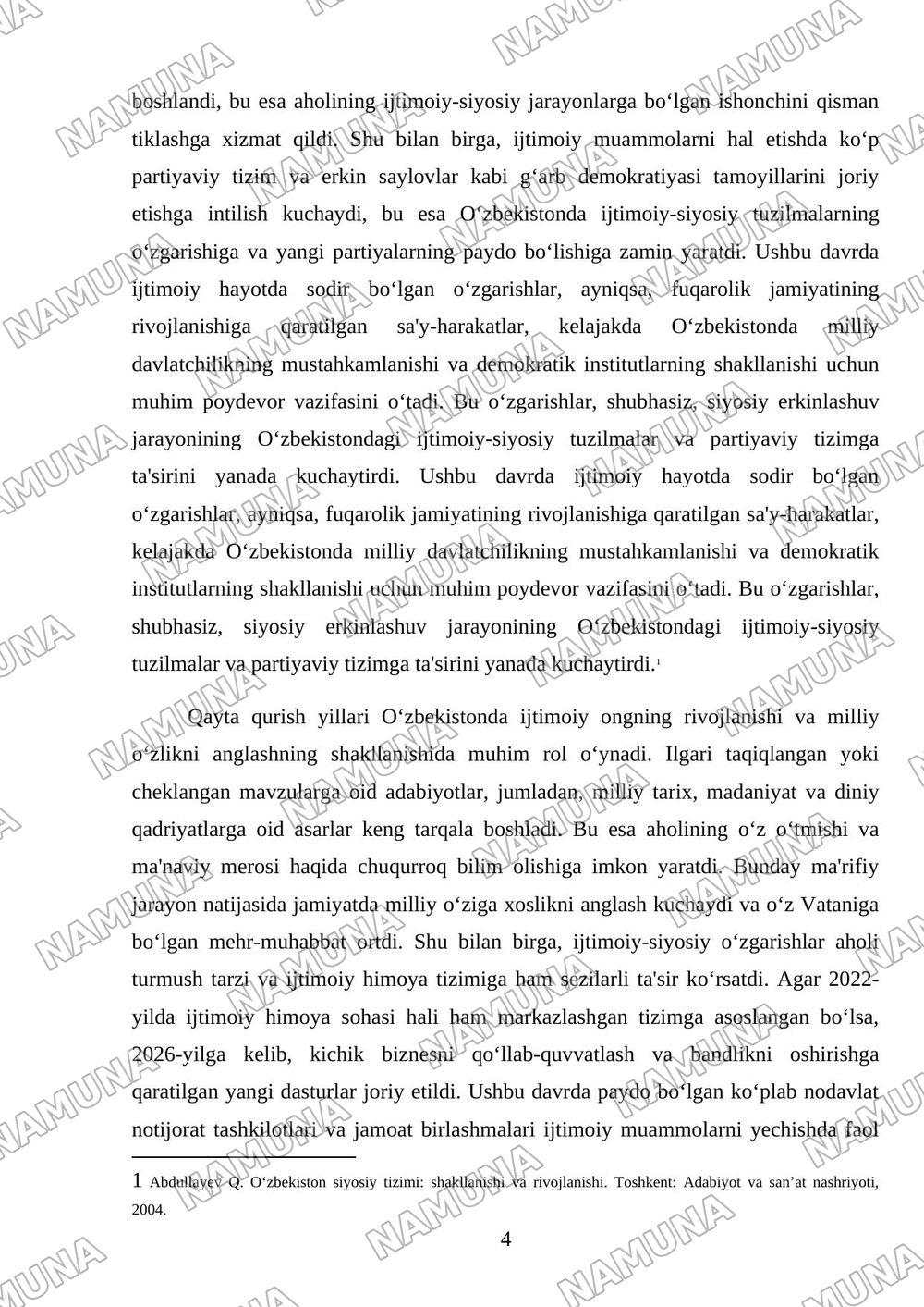 Qayta qurish yillarida o‘lkamizda ijtimoiy siyosiy hayot. — mustaqil ish, 4-varaq
