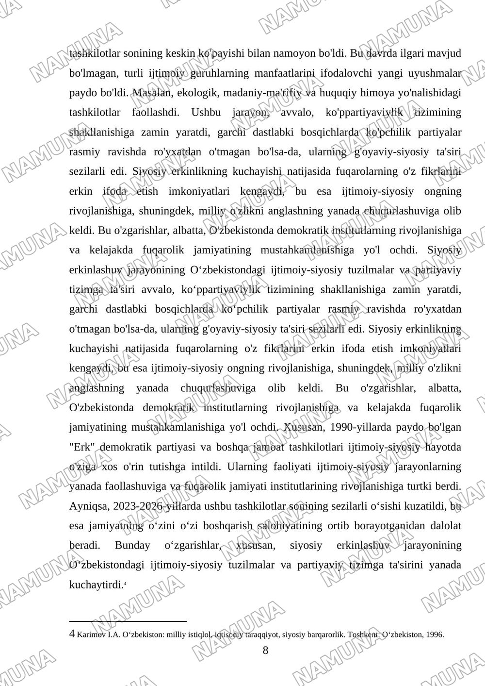 Qayta qurish yillarida o‘lkamizda ijtimoiy siyosiy hayot. — mustaqil ish, 8-varaq