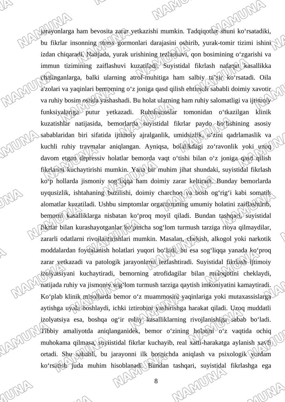 Bemorlarning ruhiy holati “Depressiya”, “shok” Qo’rquv cho’chish ipxondriya,o’zini aybdor his qilish suyistidal fikrlash h.k — mustaqil ish, 8-varaq