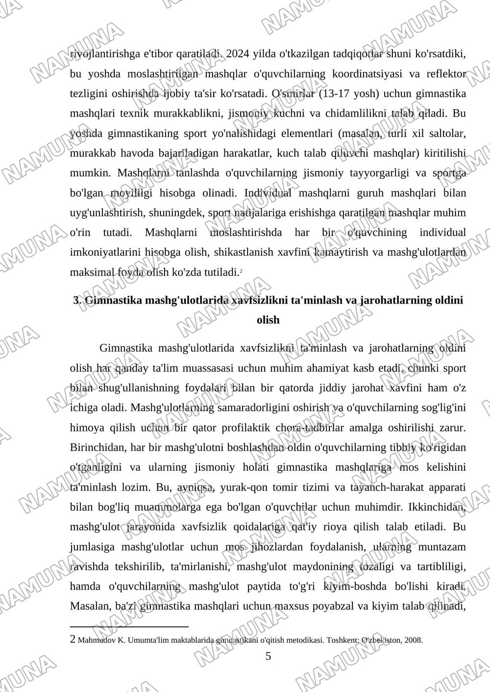 Ta'lim muassalarida gimnastikani o'tkazish usullari — mustaqil ish, 5-varaq