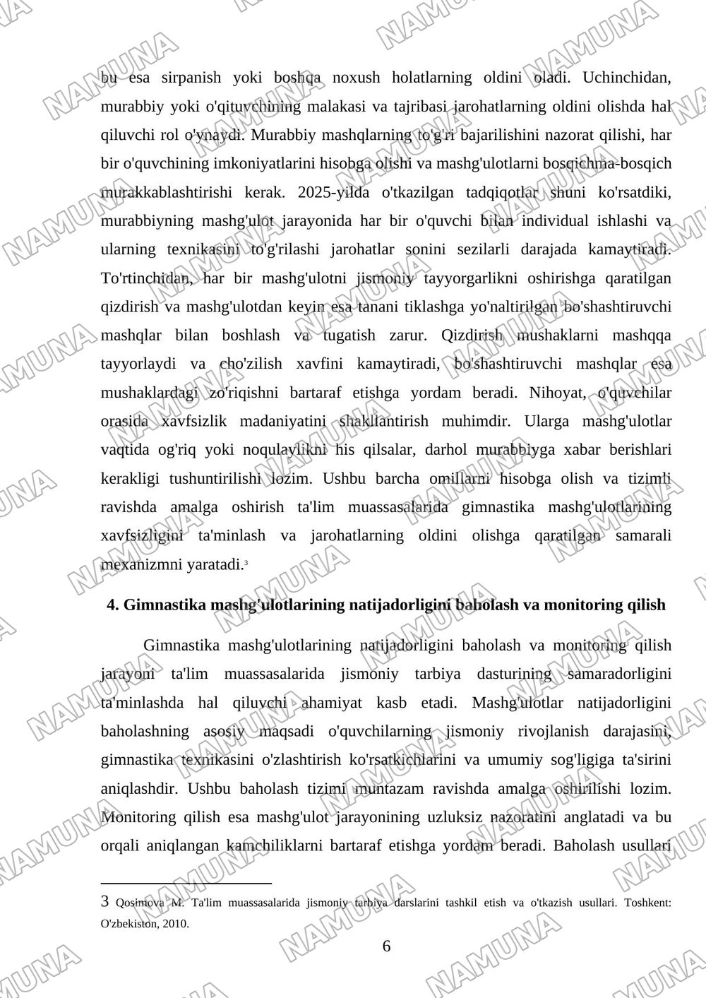 Ta'lim muassalarida gimnastikani o'tkazish usullari — mustaqil ish, 6-varaq