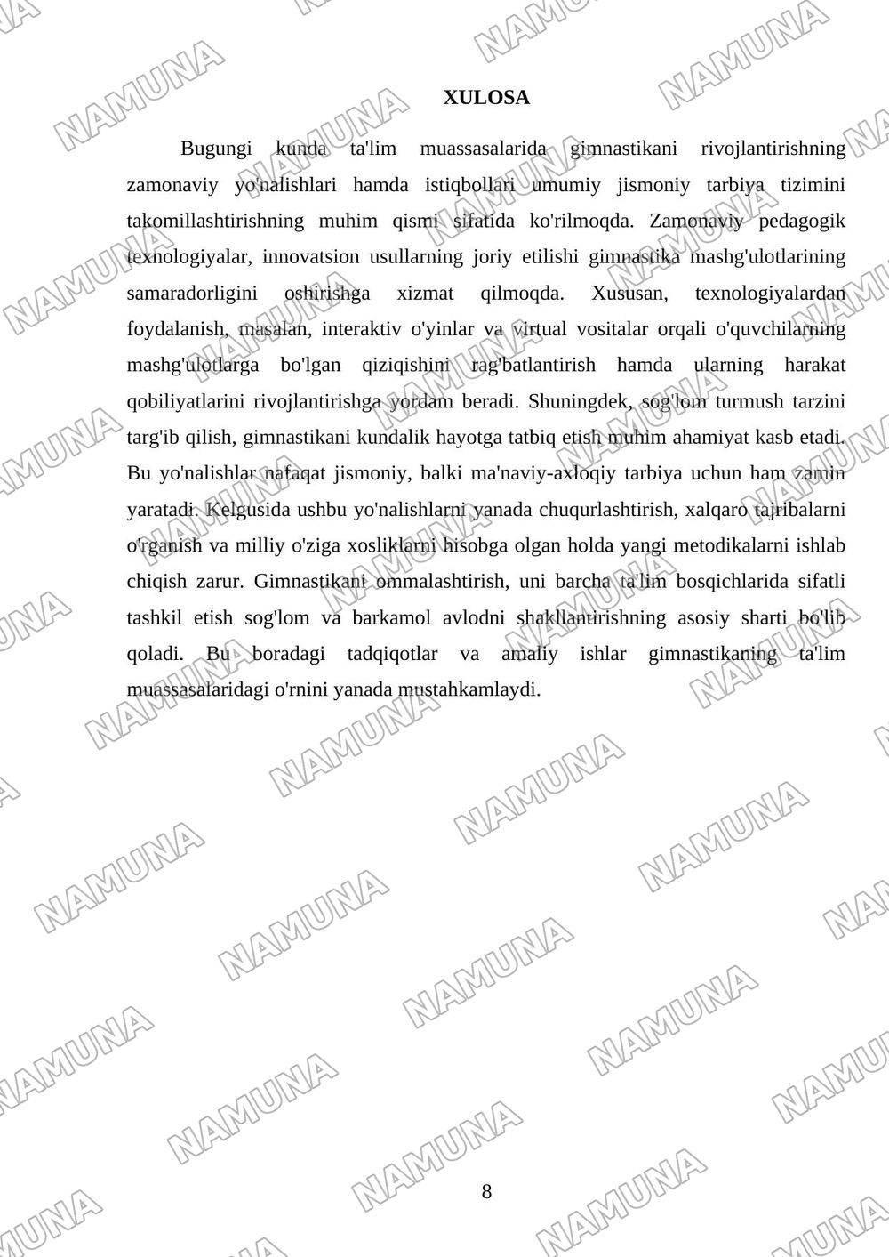 Ta'lim muassalarida gimnastikani o'tkazish usullari — mustaqil ish, 8-varaq