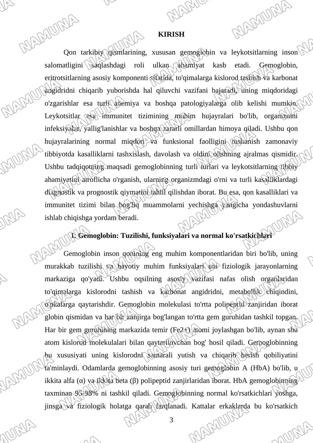 Gemoglabin va uning turlari. Leykotsıtlar tıbbıyotdagı axamıyatı — mustaqil ish, 3-varaq