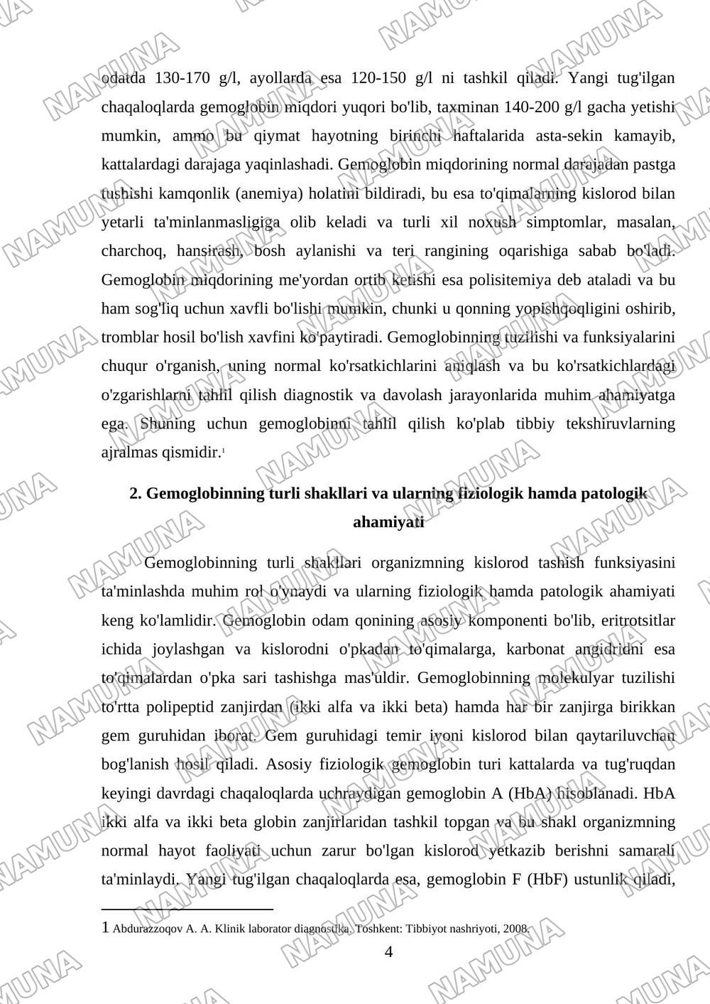 Gemoglabin va uning turlari. Leykotsıtlar tıbbıyotdagı axamıyatı — mustaqil ish, 4-varaq