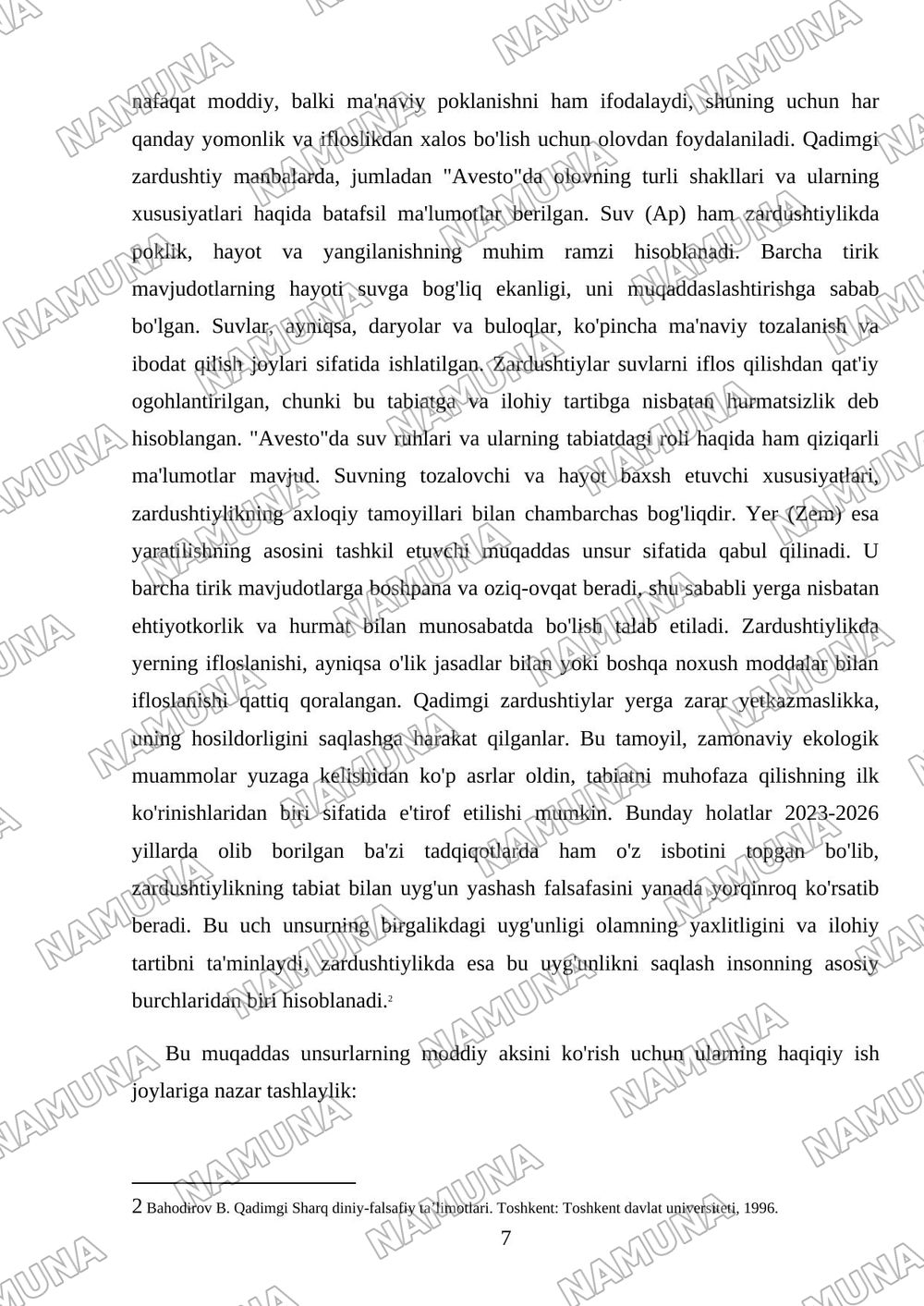 Zardushtiylikda tabiatning ulug'lanishi. — mustaqil ish, 7-varaq