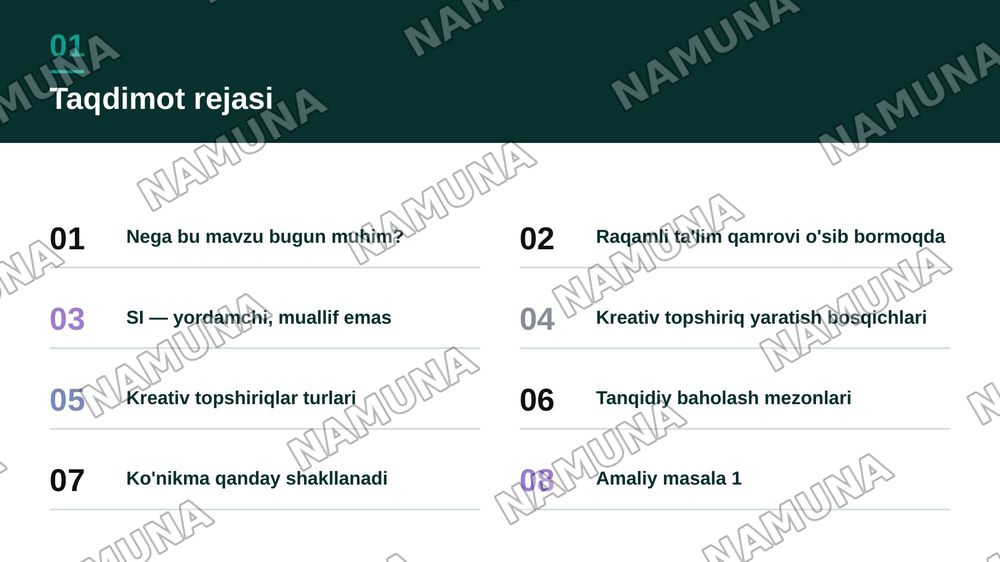 Raqamli va sun'iy intellekt vositalarida foydalangan holda kreativ topshiriqlar yaratish hamda axbarot natijalatini tanqidiy baholash usullarini ishlab chiqish. Raqamli va sun'iy intellekt ta'limiy imkoniyatlarini o'rganish. Ular yordamida kreativ topshiriqlar ishlab chiqish. Olingan axbarotni teksh — zamonaviy taqdimot, 2-slayd
