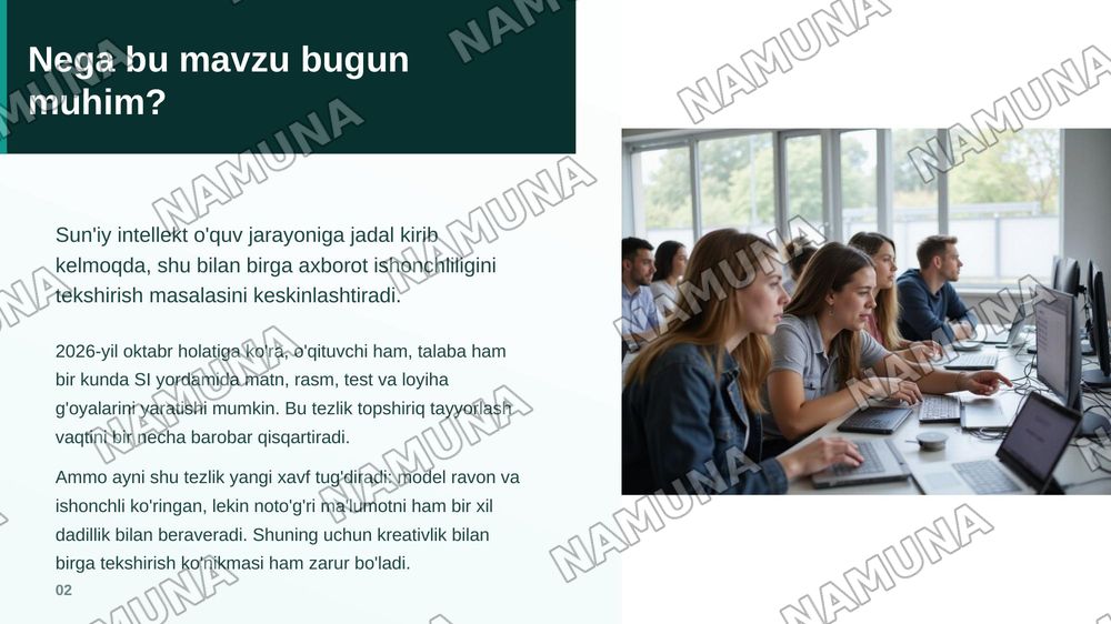 Raqamli va sun'iy intellekt vositalarida foydalangan holda kreativ topshiriqlar yaratish hamda axbarot natijalatini tanqidiy baholash usullarini ishlab chiqish. Raqamli va sun'iy intellekt ta'limiy imkoniyatlarini o'rganish. Ular yordamida kreativ topshiriqlar ishlab chiqish. Olingan axbarotni teksh — zamonaviy taqdimot, 3-slayd