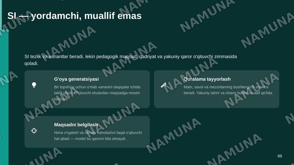Raqamli va sun'iy intellekt vositalarida foydalangan holda kreativ topshiriqlar yaratish hamda axbarot natijalatini tanqidiy baholash usullarini ishlab chiqish. Raqamli va sun'iy intellekt ta'limiy imkoniyatlarini o'rganish. Ular yordamida kreativ topshiriqlar ishlab chiqish. Olingan axbarotni teksh — zamonaviy taqdimot, 6-slayd