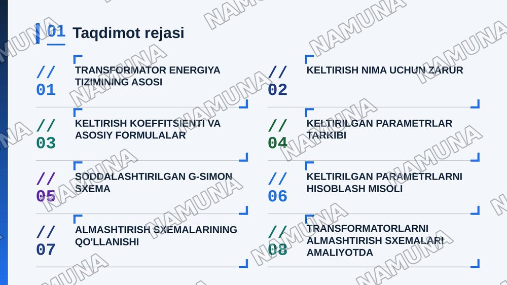 KELTIRILGAN IKKILAMCHI CHULG’AM PARAMETRLARI.
TRANSFORMATORLARNI ALMASHTIRISH SXEMALARI — zamonaviy taqdimot, 2-slayd