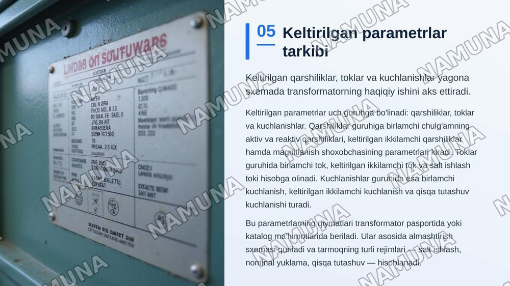 KELTIRILGAN IKKILAMCHI CHULG’AM PARAMETRLARI.
TRANSFORMATORLARNI ALMASHTIRISH SXEMALARI — zamonaviy taqdimot, 6-slayd
