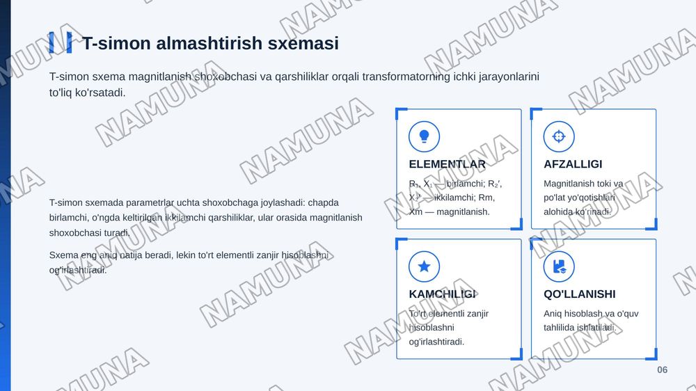 KELTIRILGAN IKKILAMCHI CHULG’AM PARAMETRLARI.
TRANSFORMATORLARNI ALMASHTIRISH SXEMALARI — zamonaviy taqdimot, 7-slayd