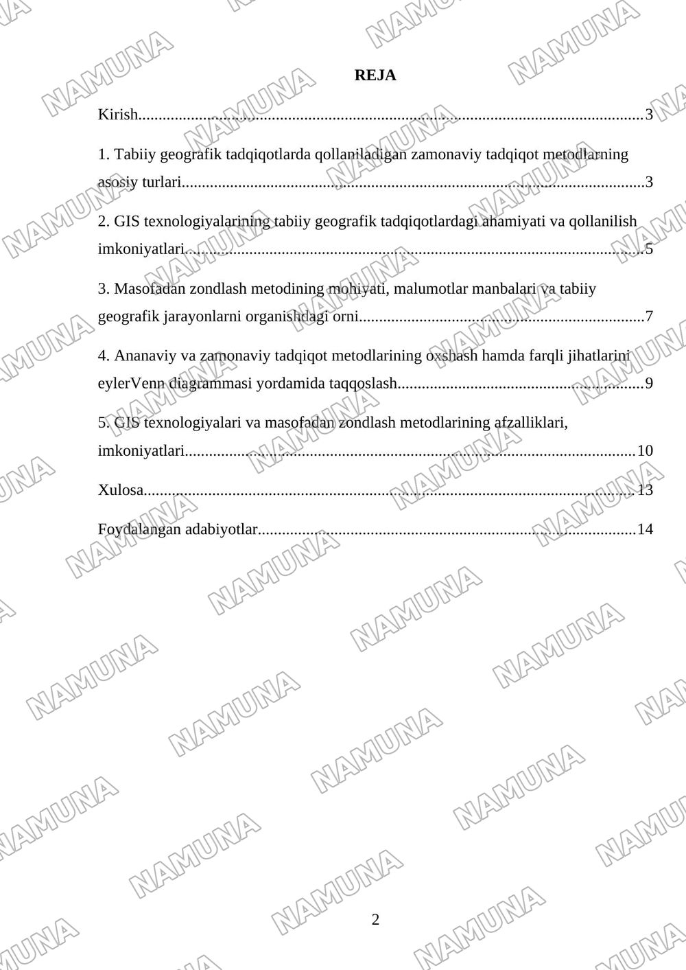 TABIIY GEOGRAFIK TADQIQOTLARNING ZAMONAVIY METODLARI: GIS TEXNOLOGIYALARI VA MASOFADAN ZONDLASH — mustaqil ish, 2-varaq