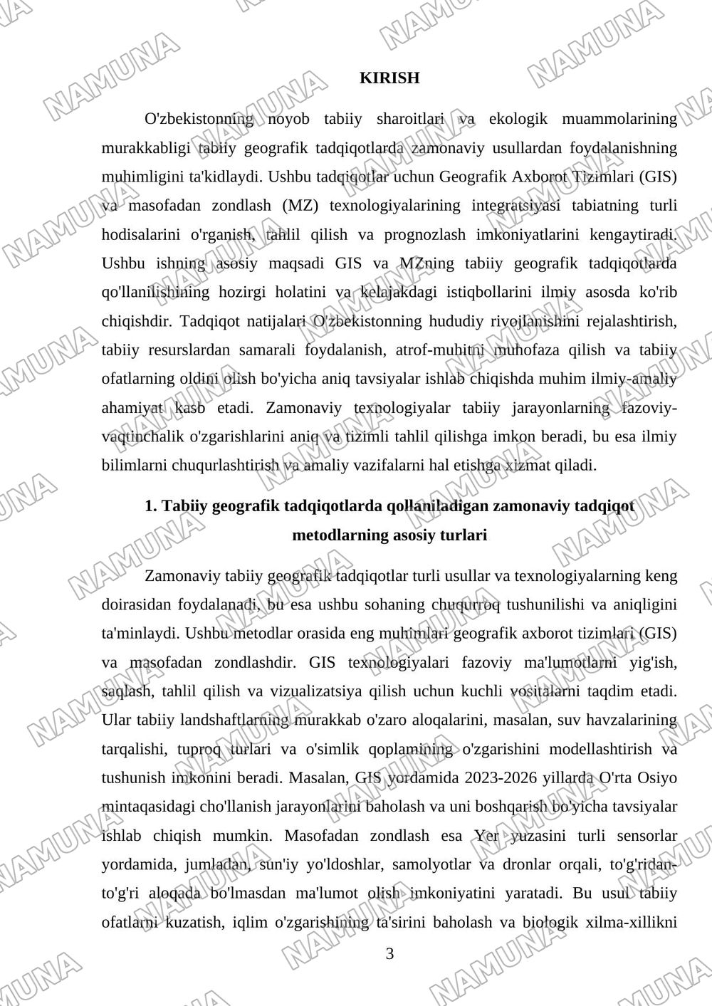 TABIIY GEOGRAFIK TADQIQOTLARNING ZAMONAVIY METODLARI: GIS TEXNOLOGIYALARI VA MASOFADAN ZONDLASH — mustaqil ish, 3-varaq