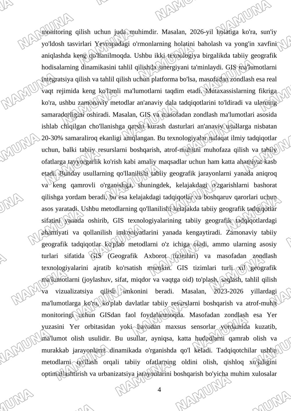 TABIIY GEOGRAFIK TADQIQOTLARNING ZAMONAVIY METODLARI: GIS TEXNOLOGIYALARI VA MASOFADAN ZONDLASH — mustaqil ish, 4-varaq