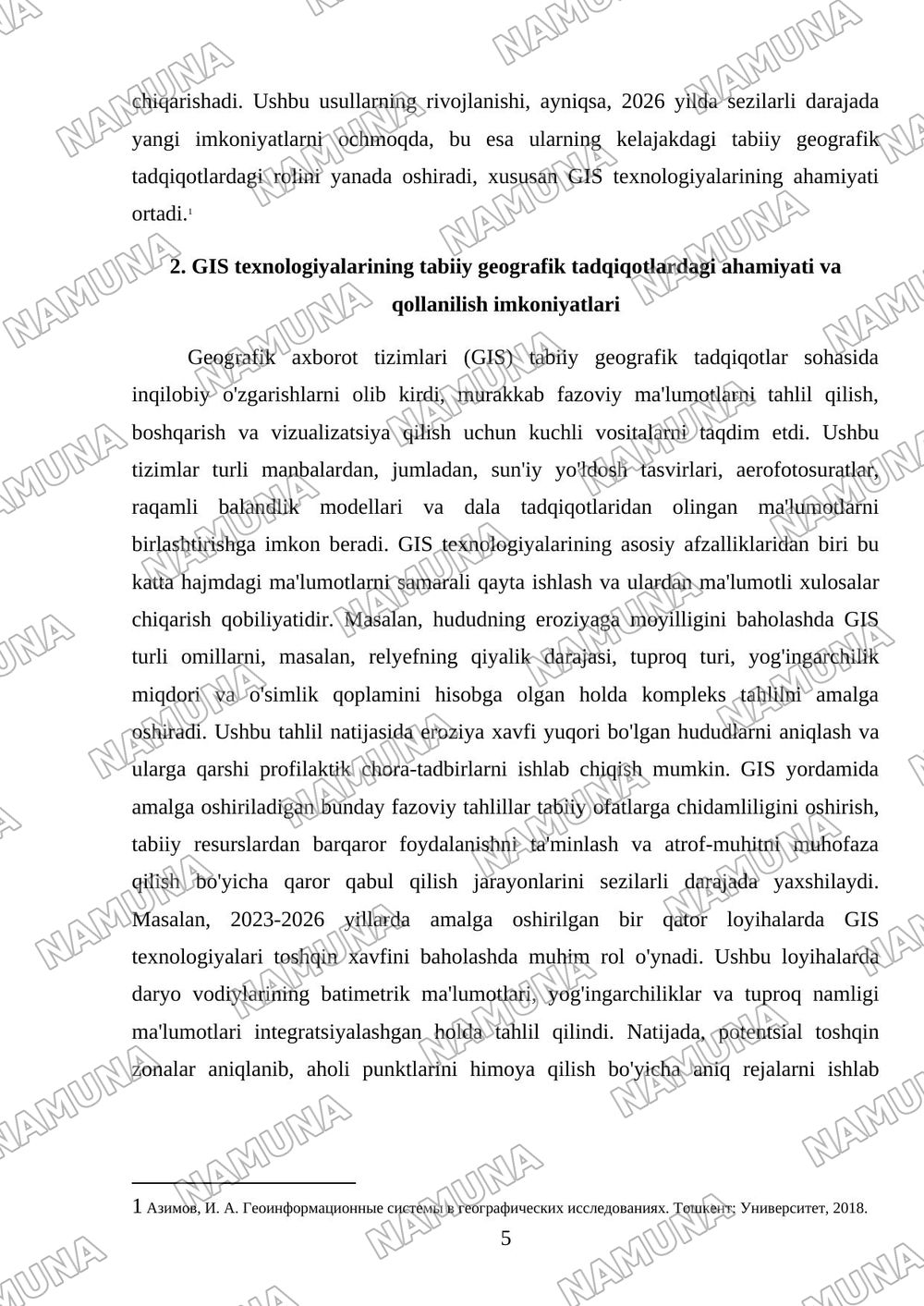 TABIIY GEOGRAFIK TADQIQOTLARNING ZAMONAVIY METODLARI: GIS TEXNOLOGIYALARI VA MASOFADAN ZONDLASH — mustaqil ish, 5-varaq