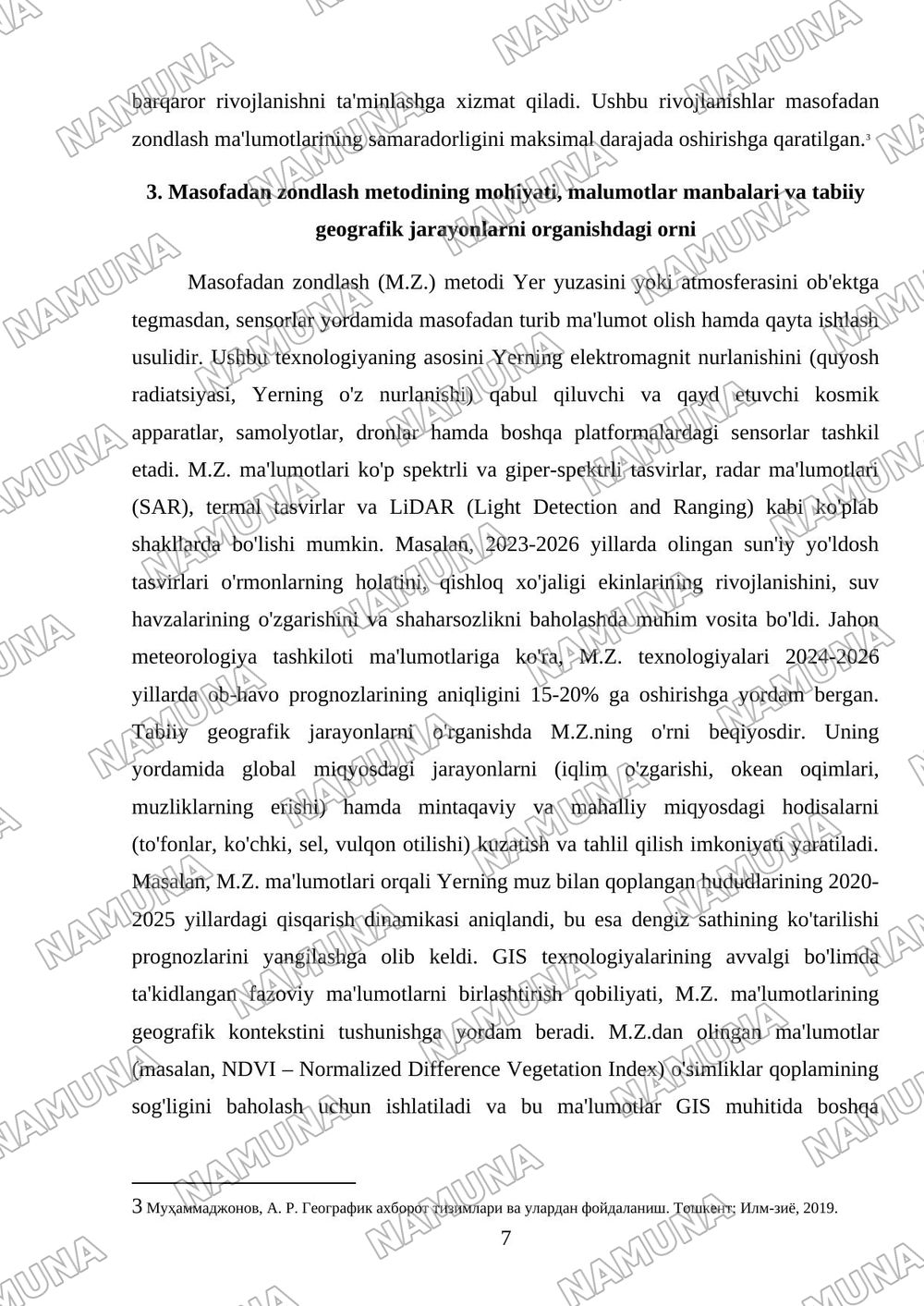 TABIIY GEOGRAFIK TADQIQOTLARNING ZAMONAVIY METODLARI: GIS TEXNOLOGIYALARI VA MASOFADAN ZONDLASH — mustaqil ish, 7-varaq
