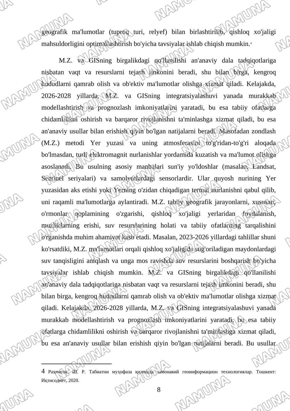 TABIIY GEOGRAFIK TADQIQOTLARNING ZAMONAVIY METODLARI: GIS TEXNOLOGIYALARI VA MASOFADAN ZONDLASH — mustaqil ish, 8-varaq
