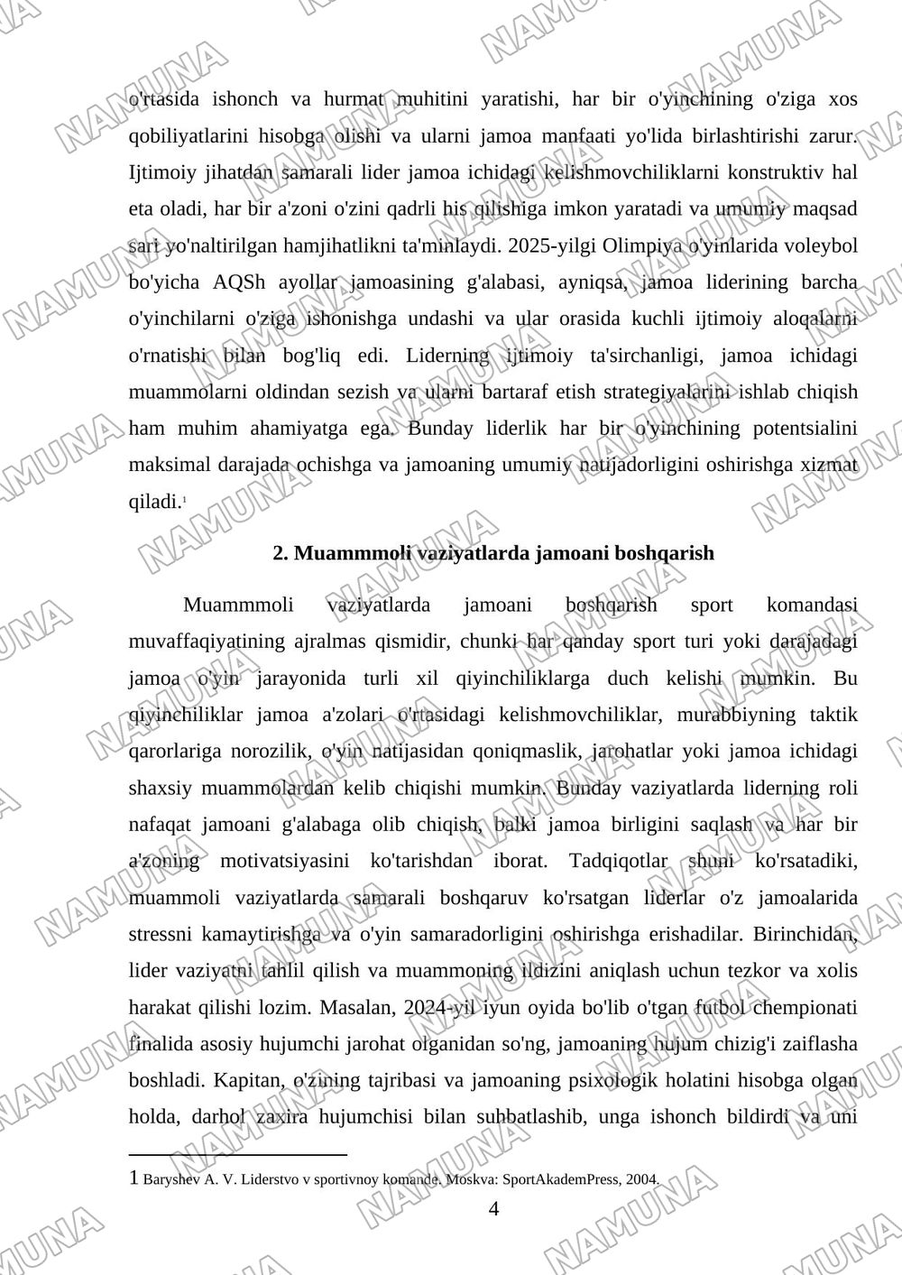 Sport komondasida liderlik — referat, 4-varaq