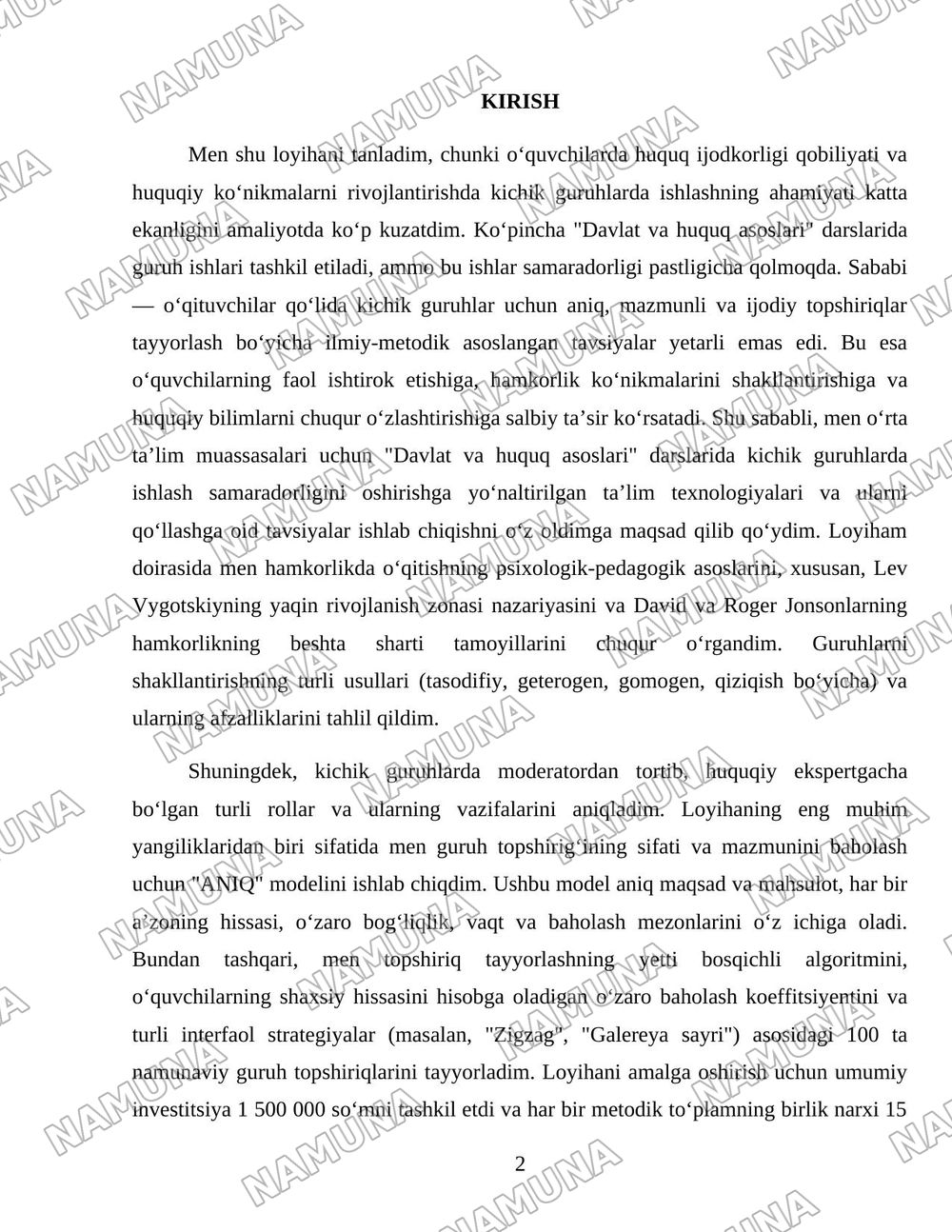 O’quvchilarda huquq ijodkorligi qobiliyati va huquqiy ko’nikmlarni rivojlantirishga yo’naltirilgan ta’lim texnologiyalari hamda ularni qo’llashga oid tavsiyalarni ishlab chiqish. — loyiha ishi, 2-varaq