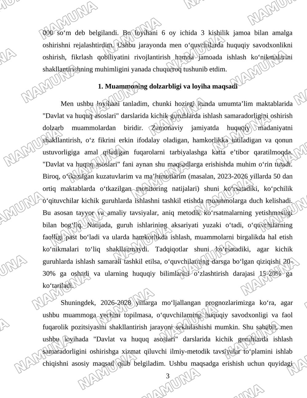 O’quvchilarda huquq ijodkorligi qobiliyati va huquqiy ko’nikmlarni rivojlantirishga yo’naltirilgan ta’lim texnologiyalari hamda ularni qo’llashga oid tavsiyalarni ishlab chiqish. — loyiha ishi, 3-varaq