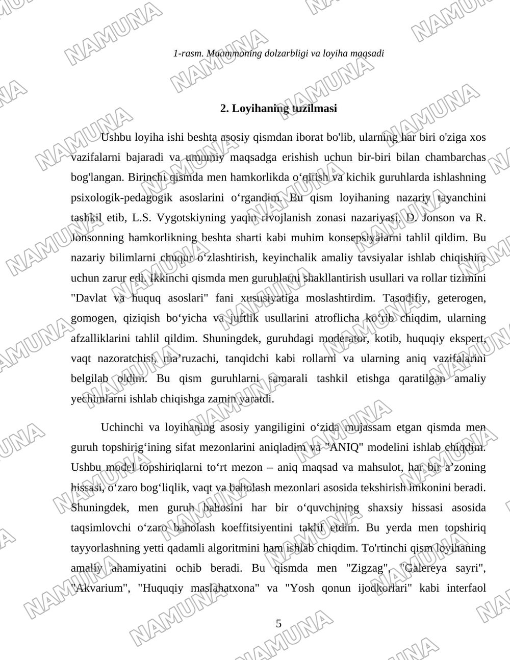 O’quvchilarda huquq ijodkorligi qobiliyati va huquqiy ko’nikmlarni rivojlantirishga yo’naltirilgan ta’lim texnologiyalari hamda ularni qo’llashga oid tavsiyalarni ishlab chiqish. — loyiha ishi, 5-varaq