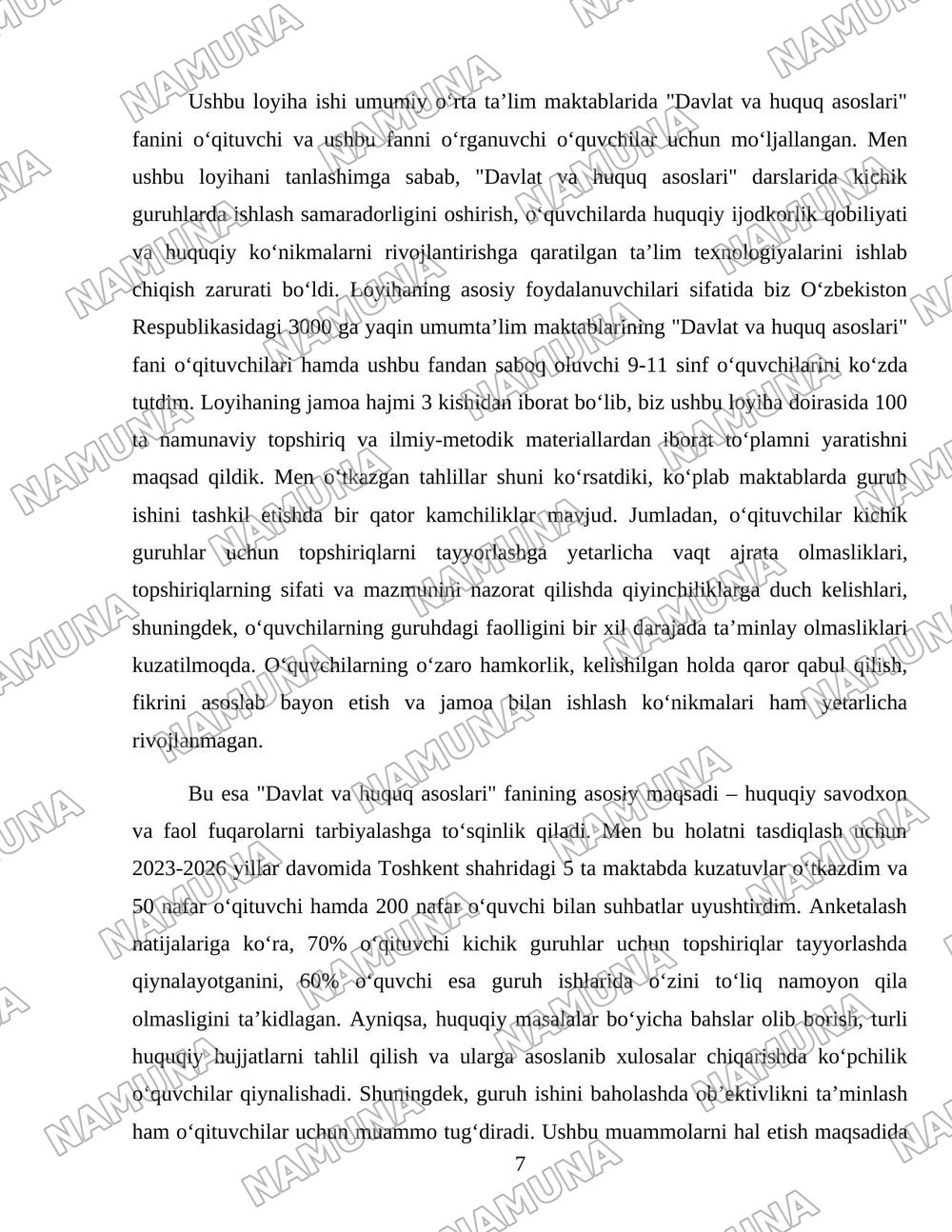 O’quvchilarda huquq ijodkorligi qobiliyati va huquqiy ko’nikmlarni rivojlantirishga yo’naltirilgan ta’lim texnologiyalari hamda ularni qo’llashga oid tavsiyalarni ishlab chiqish. — loyiha ishi, 7-varaq