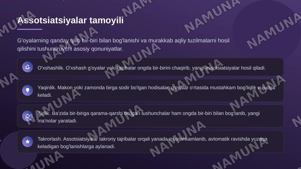 5. Assotsiativ psixologiya maktabi. Assotsiatsiyalar tamoyili. T.Gobbs, J.Lokk, D.Gartli, J.Mill, J.Styuart Mill, A.Ben, G.Ebbingauzlarning ilmiy qarashlari mazmuni. — zamonaviy taqdimot, 4-slayd