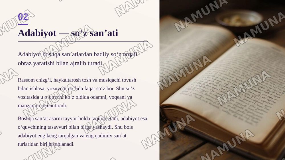 Adabiyotning umumiy xususiyatlari — zamonaviy taqdimot, 3-slayd