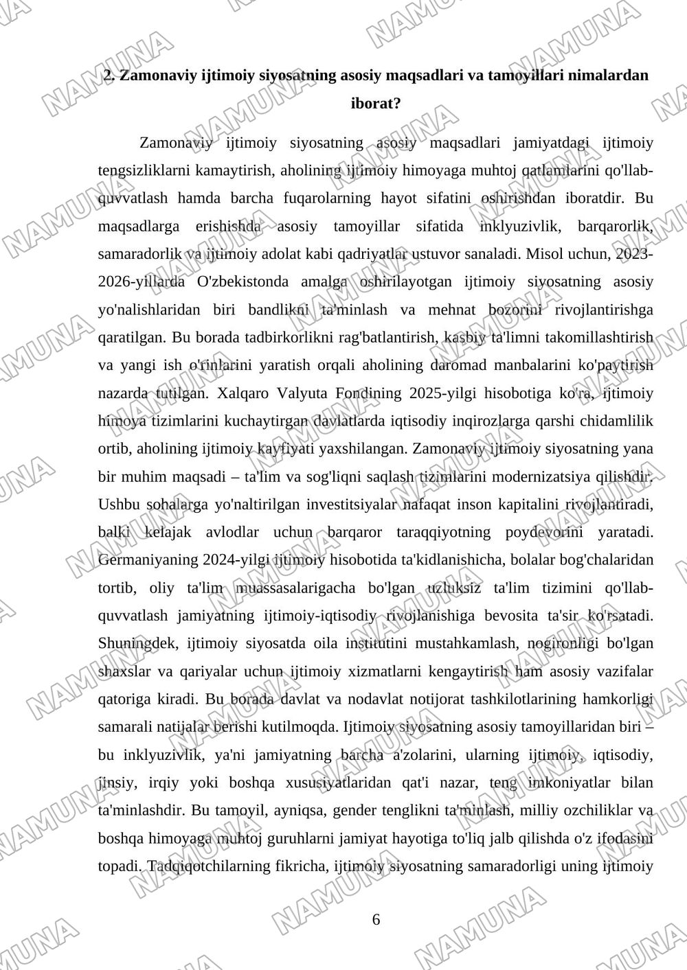 Ijtimoiy siyosat konsepsiyasi: asosiy bosqichlar uni amalga oshirish — mustaqil ish, 6-varaq