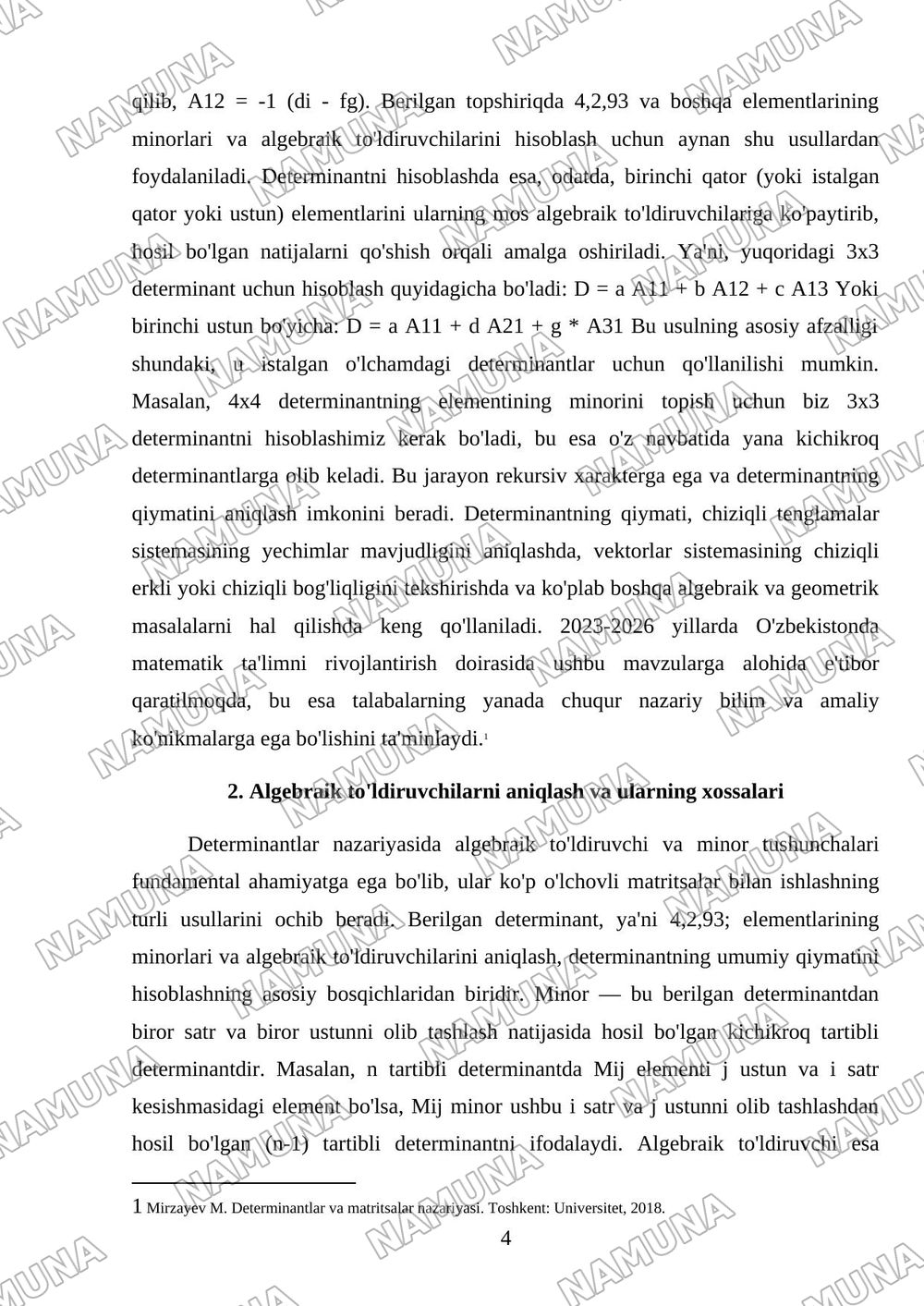 1-Mustaqil ish topshiriqlari . Variant- 4 1. Berilgan determinant uchun 4,2,93; elementlarining minorlari va algebraik to'ldiruvchilarini toping. Determinantni hisoblang: a) i -chi satr elementlari bo — mustaqil ish, 4-varaq