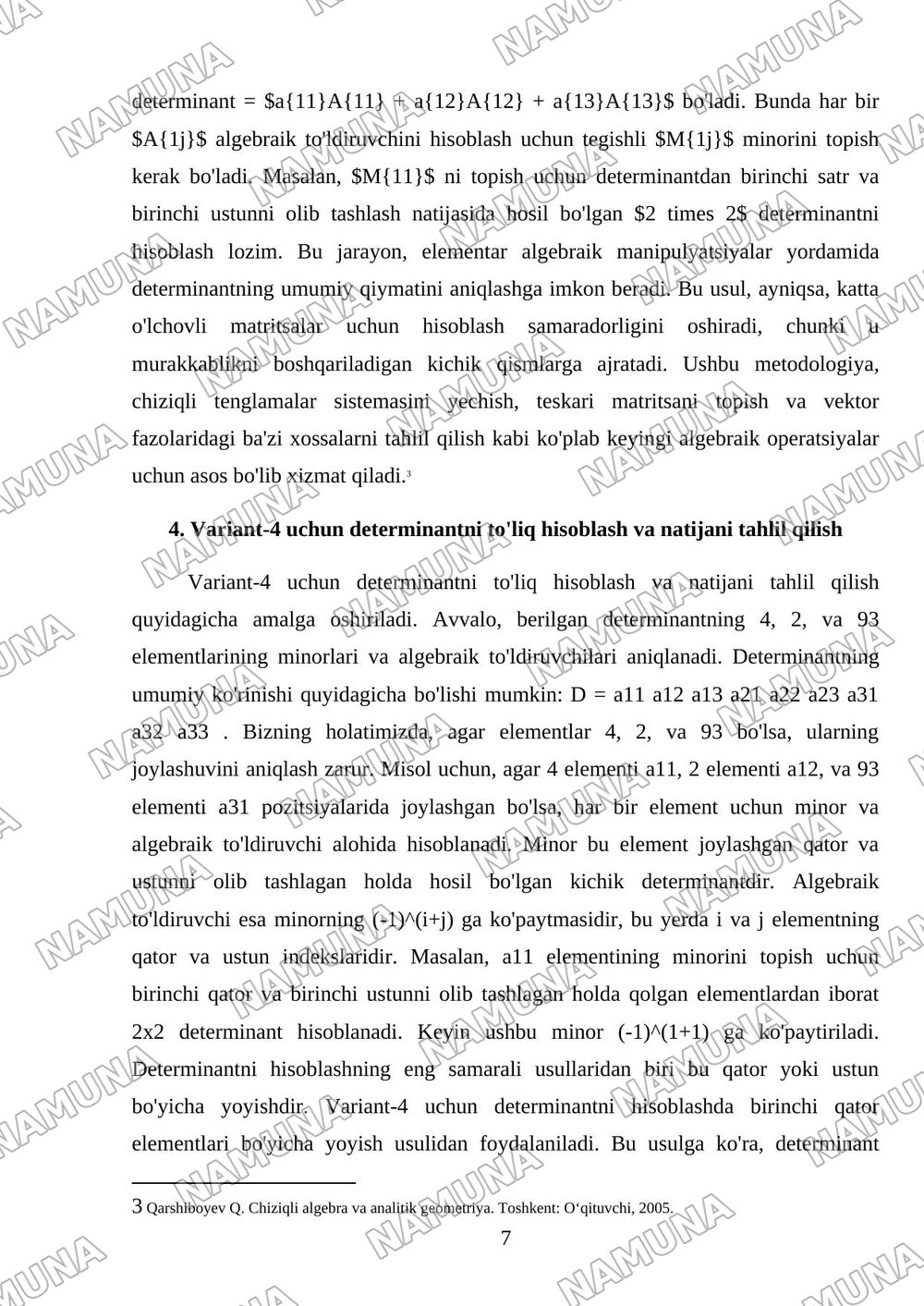 1-Mustaqil ish topshiriqlari . Variant- 4 1. Berilgan determinant uchun 4,2,93; elementlarining minorlari va algebraik to'ldiruvchilarini toping. Determinantni hisoblang: a) i -chi satr elementlari bo — mustaqil ish, 7-varaq