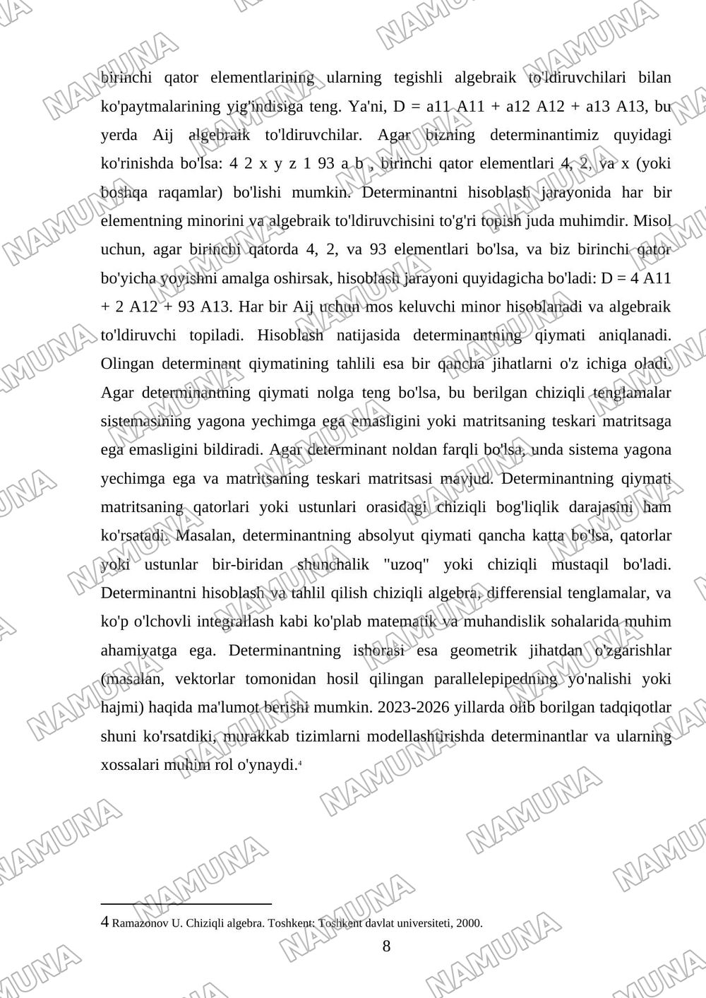 1-Mustaqil ish topshiriqlari . Variant- 4 1. Berilgan determinant uchun 4,2,93; elementlarining minorlari va algebraik to'ldiruvchilarini toping. Determinantni hisoblang: a) i -chi satr elementlari bo — mustaqil ish, 8-varaq