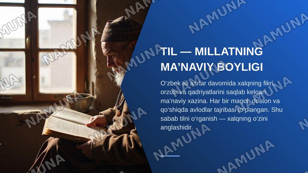 O‘ZBEK TILI — MILLIY QADRIYATIMIZ VA MA’NAVIY BOYLIGIMIZ — zamonaviy taqdimot, 3-slayd