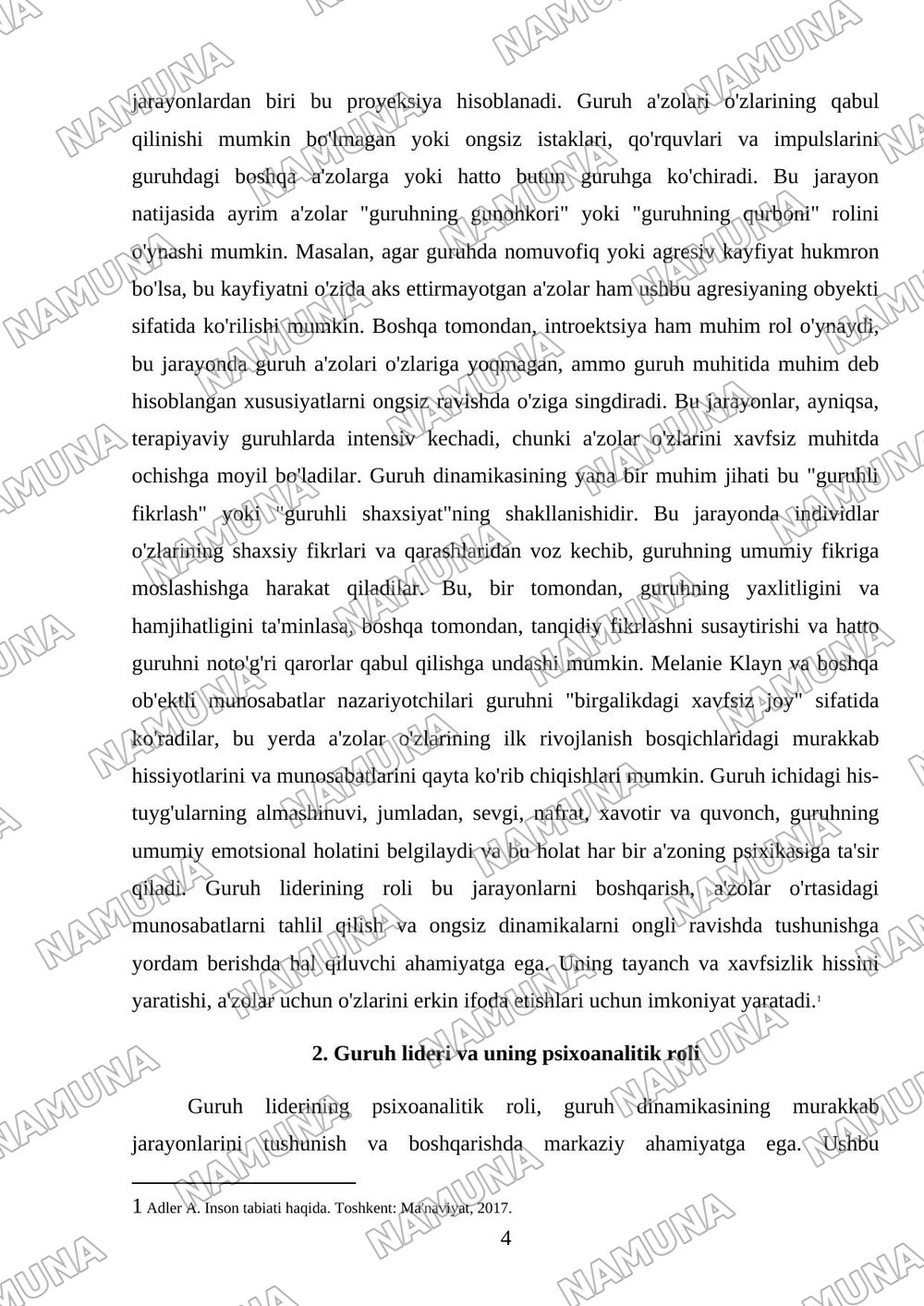 Guruhga psixoanalitik jihatdan yondashuv — mustaqil ish, 4-varaq