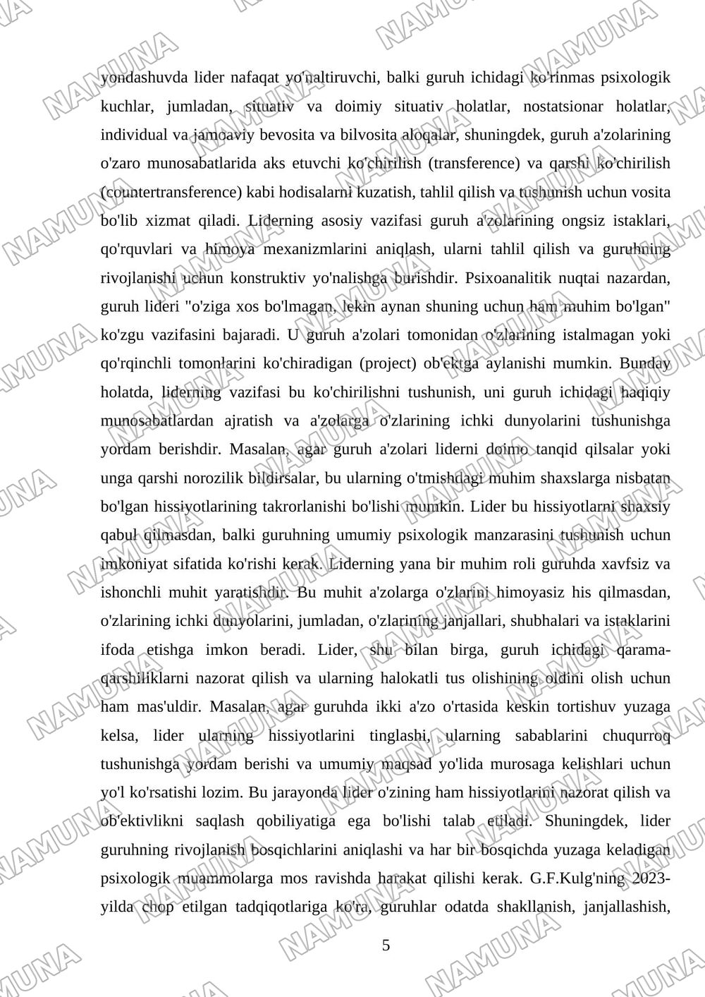 Guruhga psixoanalitik jihatdan yondashuv — mustaqil ish, 5-varaq