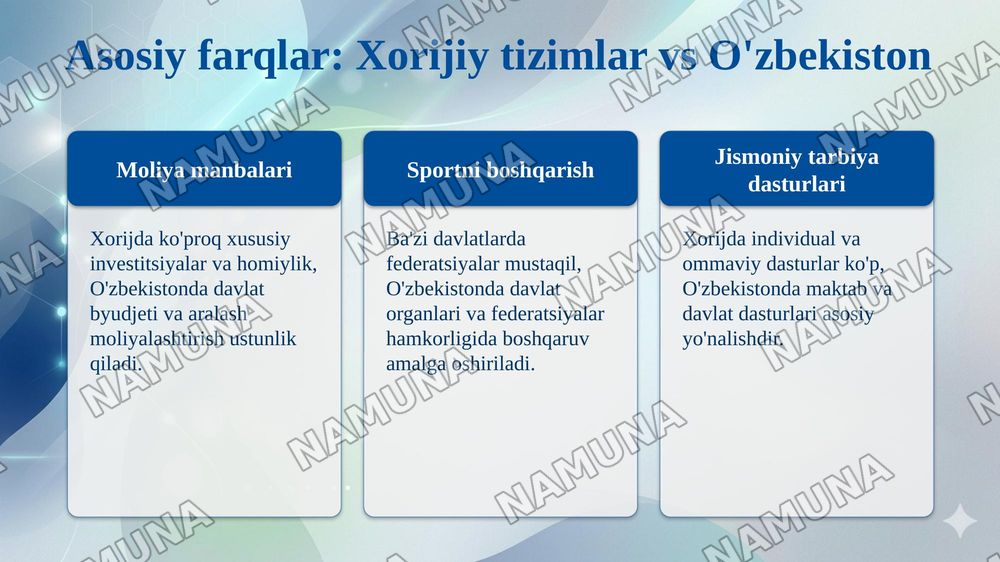 Xorijiy mamlakatlarning jismoniy madaniyat tizimlari va ularni mamlakatimiz jismoniy madaniyat tizimidan farqi — taqdimot, 7-slayd
