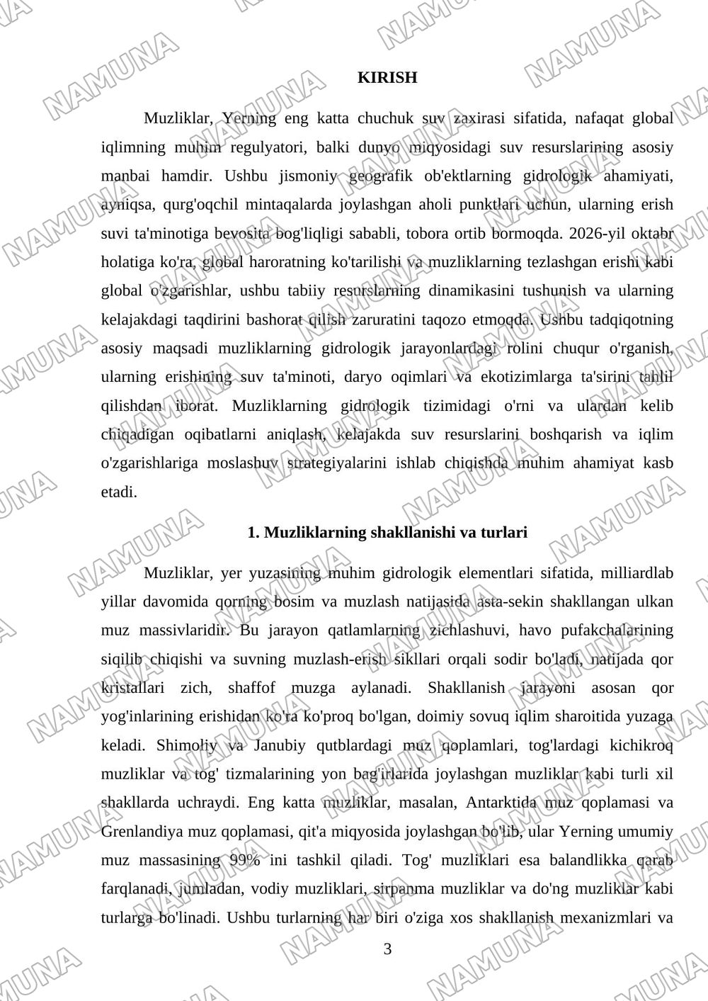 Muzliklar va ularning gidrologik ahamiyati — mustaqil ish, 3-varaq