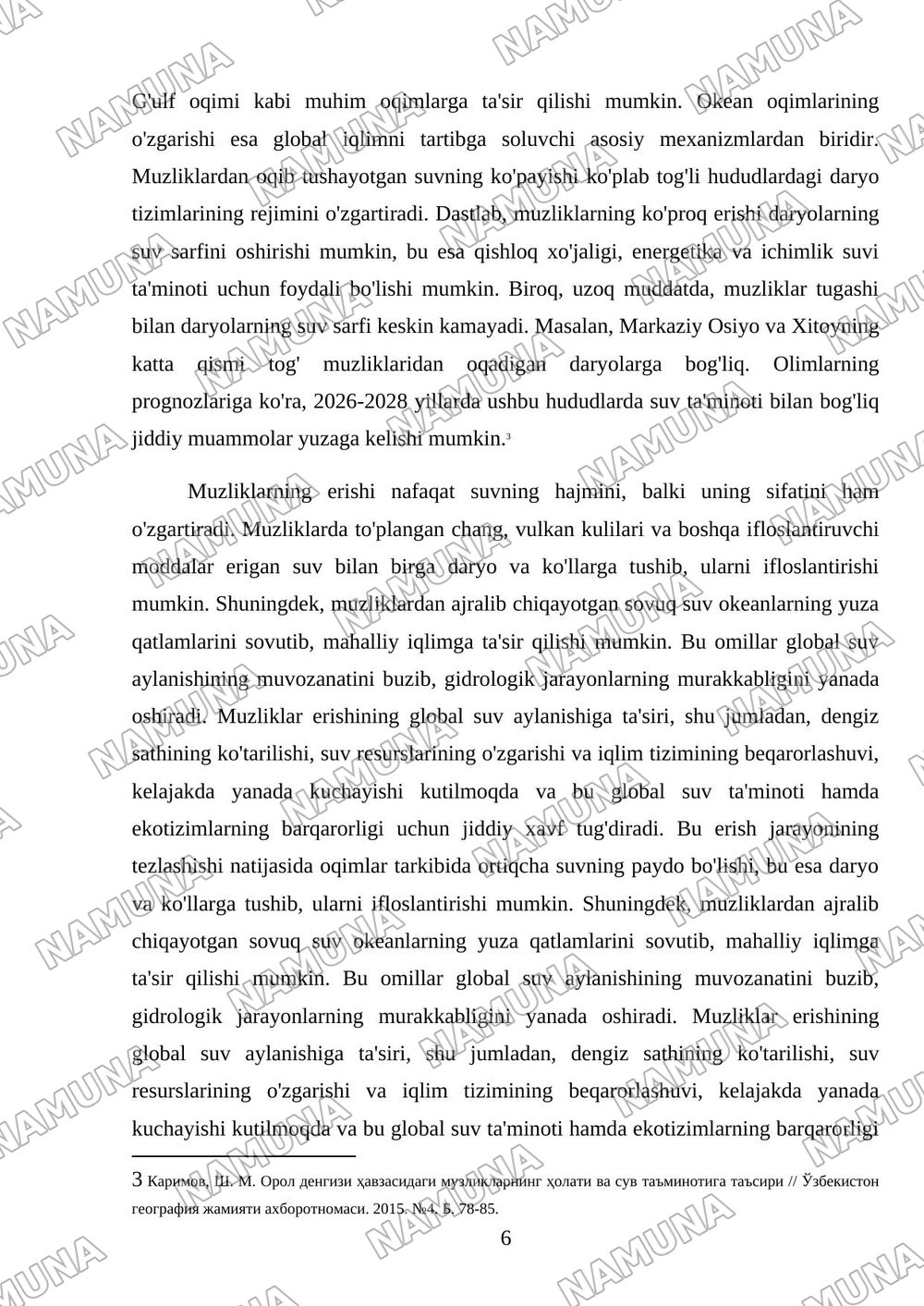 Muzliklar va ularning gidrologik ahamiyati — mustaqil ish, 6-varaq
