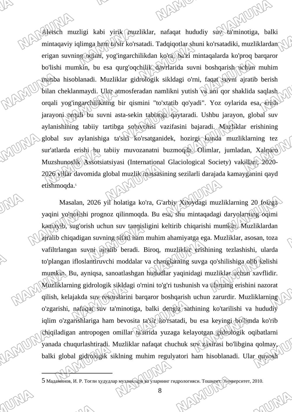 Muzliklar va ularning gidrologik ahamiyati — mustaqil ish, 8-varaq