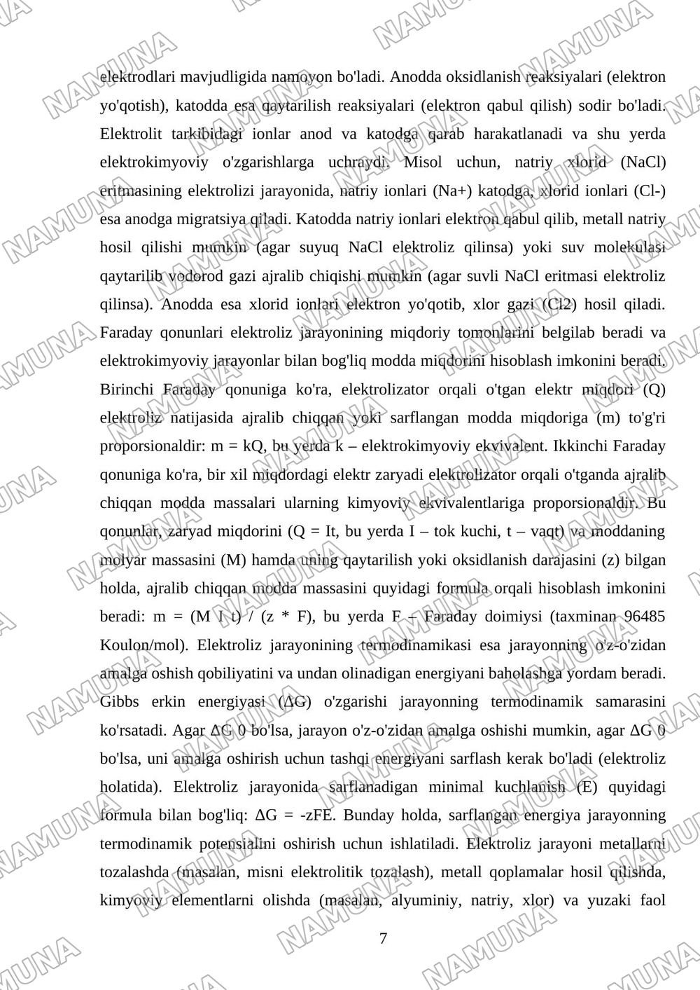 Elektroliz.elektroliz uchun Faradey qonunlari — mustaqil ish, 7-varaq