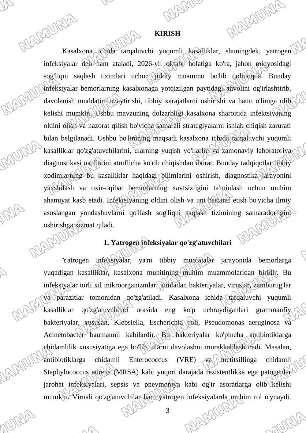 Kasalxona ichida tarqaluvchi (yatrogen) yuqumli kasalliklar qoʻzgʻatuvchilari va ularni laboratoriya tashxisi. — mustaqil ish, 3-varaq