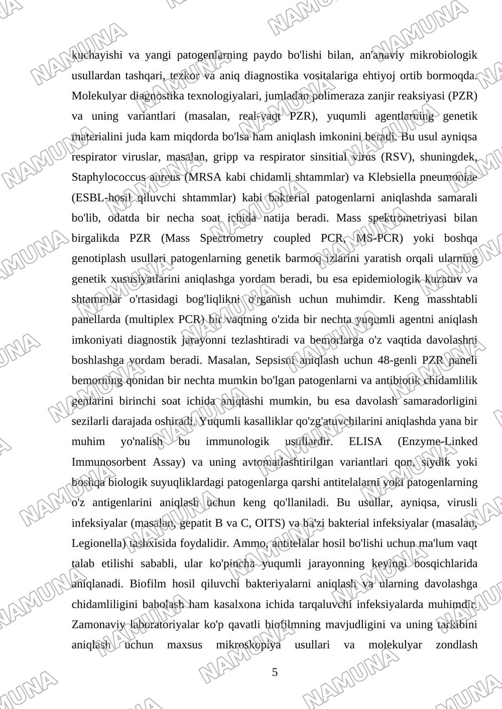 Kasalxona ichida tarqaluvchi (yatrogen) yuqumli kasalliklar qoʻzgʻatuvchilari va ularni laboratoriya tashxisi. — mustaqil ish, 5-varaq