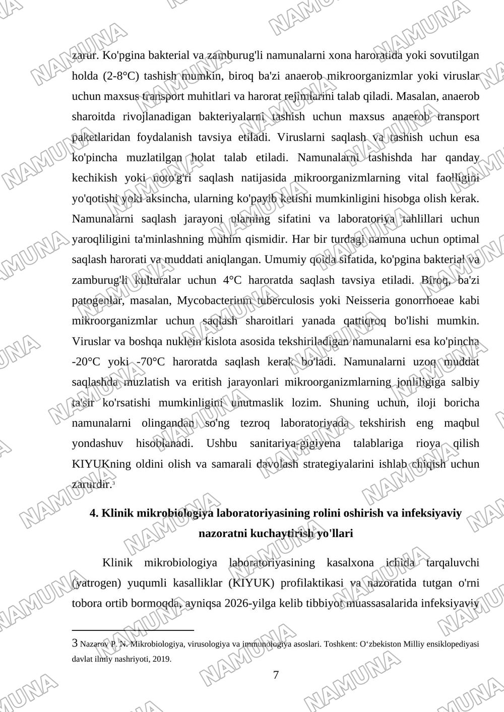 Kasalxona ichida tarqaluvchi (yatrogen) yuqumli kasalliklar qoʻzgʻatuvchilari va ularni laboratoriya tashxisi. — mustaqil ish, 7-varaq
