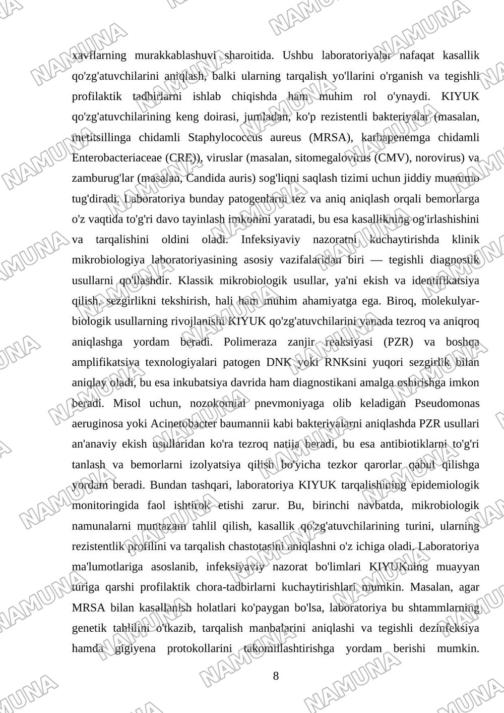 Kasalxona ichida tarqaluvchi (yatrogen) yuqumli kasalliklar qoʻzgʻatuvchilari va ularni laboratoriya tashxisi. — mustaqil ish, 8-varaq