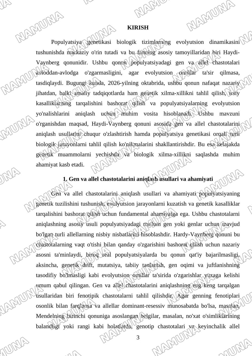 Populyatsiyadagi gen va allellar chastotasini aniqlashga oid topshiriqlar tayyorlash Haydi- Vaynberg qonuni asosida biologik jarayonlarni tahlil qilish — referat, 3-varaq