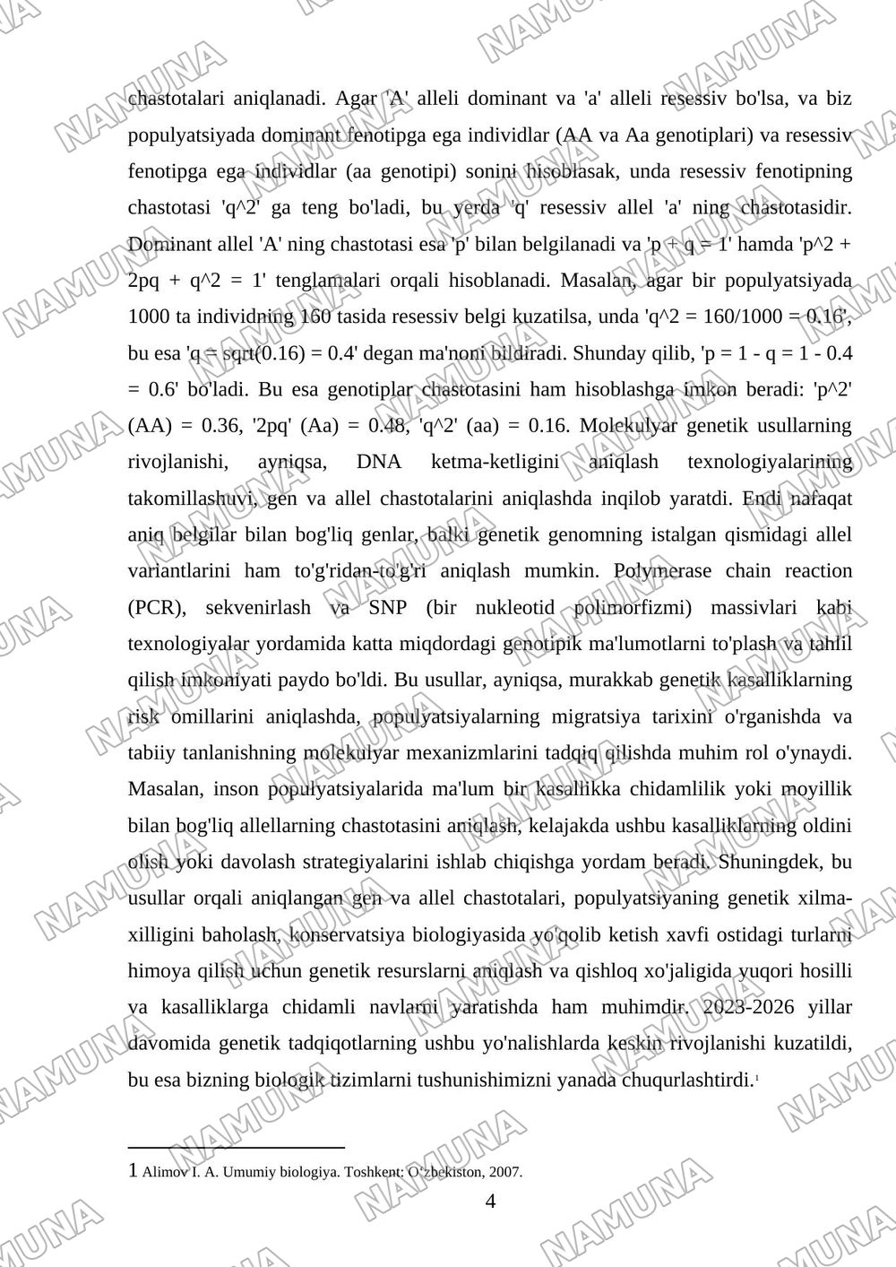 Populyatsiyadagi gen va allellar chastotasini aniqlashga oid topshiriqlar tayyorlash Haydi- Vaynberg qonuni asosida biologik jarayonlarni tahlil qilish — referat, 4-varaq