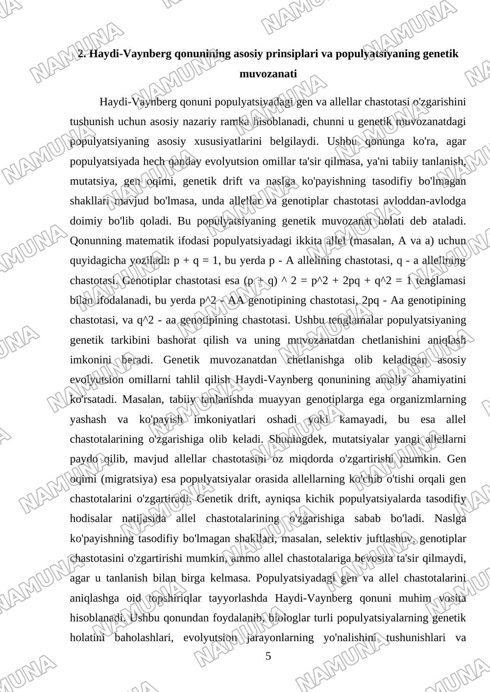 Populyatsiyadagi gen va allellar chastotasini aniqlashga oid topshiriqlar tayyorlash Haydi- Vaynberg qonuni asosida biologik jarayonlarni tahlil qilish — referat, 5-varaq